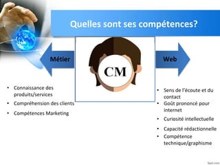 Quelles sont ses compétences?
Métier Web
• Connaissance des
produits/services
• Compréhension des clients
• Compétences Marketing
• Sens de l’écoute et du
contact
• Goût prononcé pour
internet
• Curiosité intellectuelle
• Capacité rédactionnelle
• Compétence
technique/graphisme
 