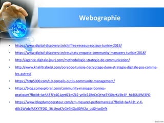 Webographie
• https://www.digital-discovery.tn/chiffres-reseaux-sociaux-tunisie-2019/
• https://www.digital-discovery.tn/resultats-enquete-community-managers-tunisie-2018/
• http://agence-digitale-jourj.com/methodologie-strategie-de-communication/
• http://www.khaliltrabelsi.com/ooredoo-tunisie-decryptage-dune-strategie-digitale-pas-comme-
les-autres/
• https://http5000.com/10-conseils-outils-community-management/
• https://blog.comexplorer.com/community-manager-bonnes-
pratiques?fbclid=IwAR37Fs4G1getiZ1mZk2-yeXx74ReCsQYnp7Y30prKVBz4P_hL4KUjlWl3PQ
• https://www.blogdumoderateur.com/cm-mesurer-performances/?fbclid=IwAR2t-V-X-
d8c2WsdgfASXYTFDQ_3U1Irud7zGe9NGaJQPK2a_usQHsoDrfk
 
