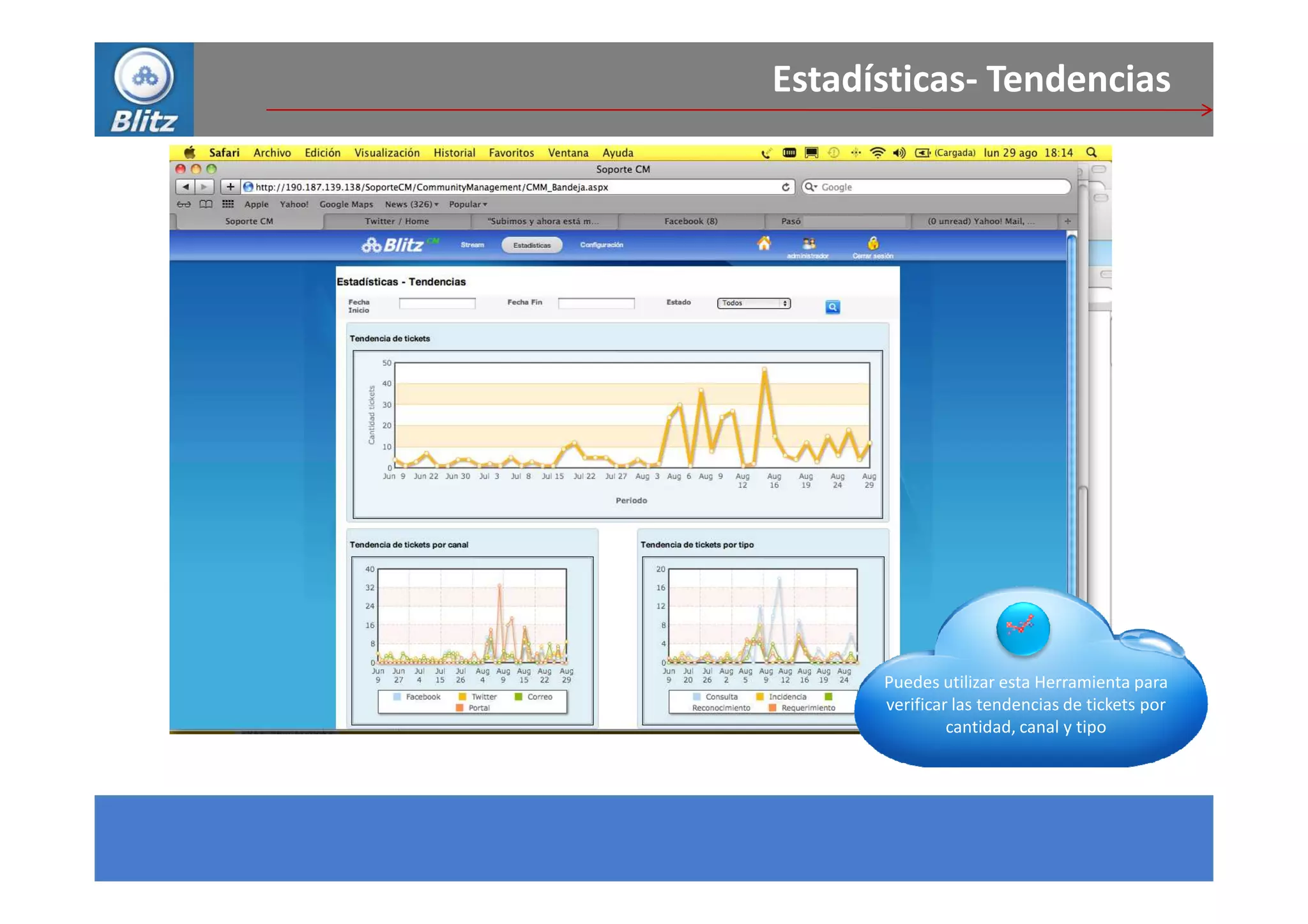 Estadísticas- Tendencias




      Puedes utilizar esta Herramienta para
      verificar las tendencias de tickets por
               cantidad, canal y tipo
 