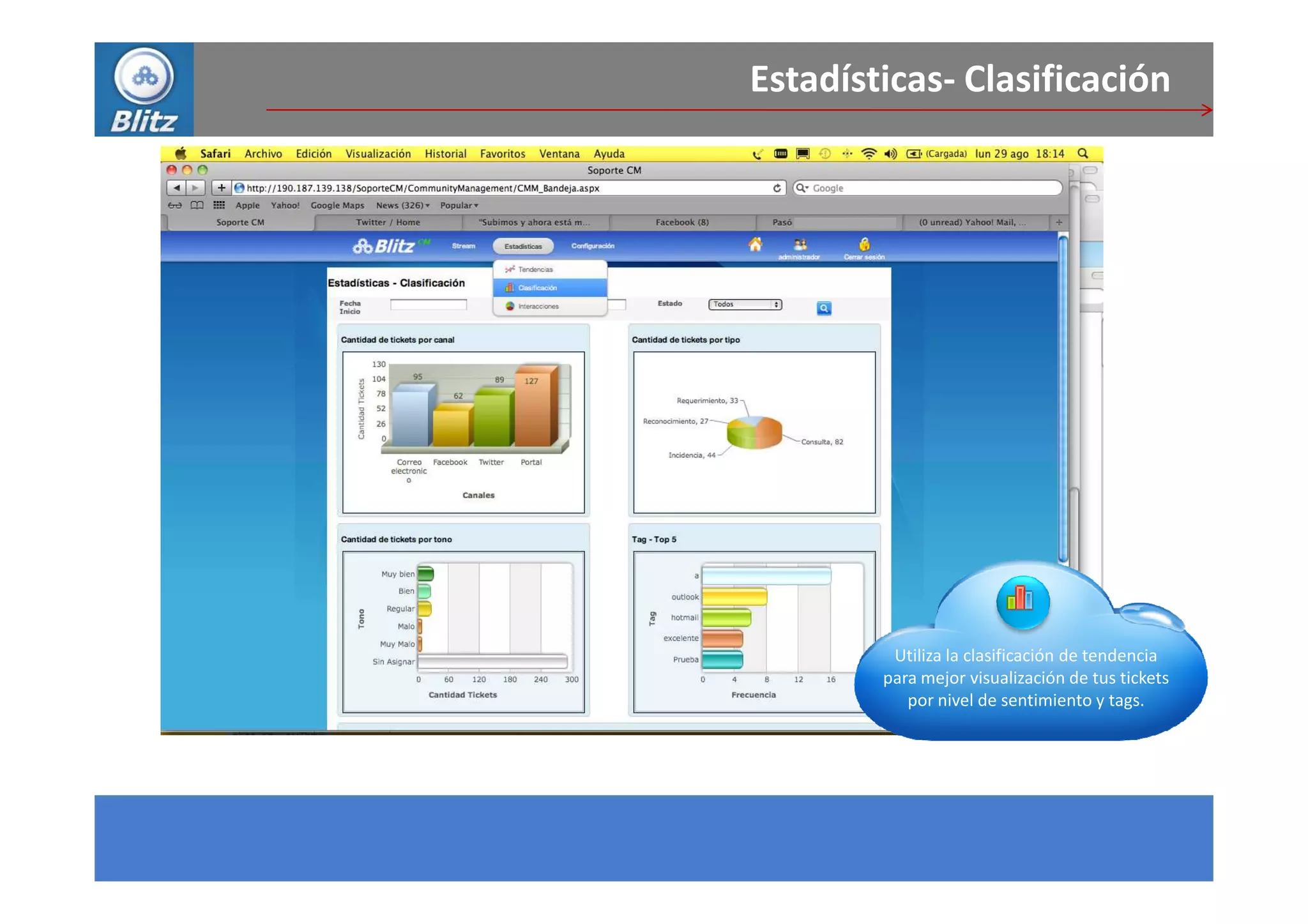 Estadísticas- Clasificación




         Utiliza la clasificación de tendencia
        para mejor visualización de tus tickets
           por nivel de sentimiento y tags.
 