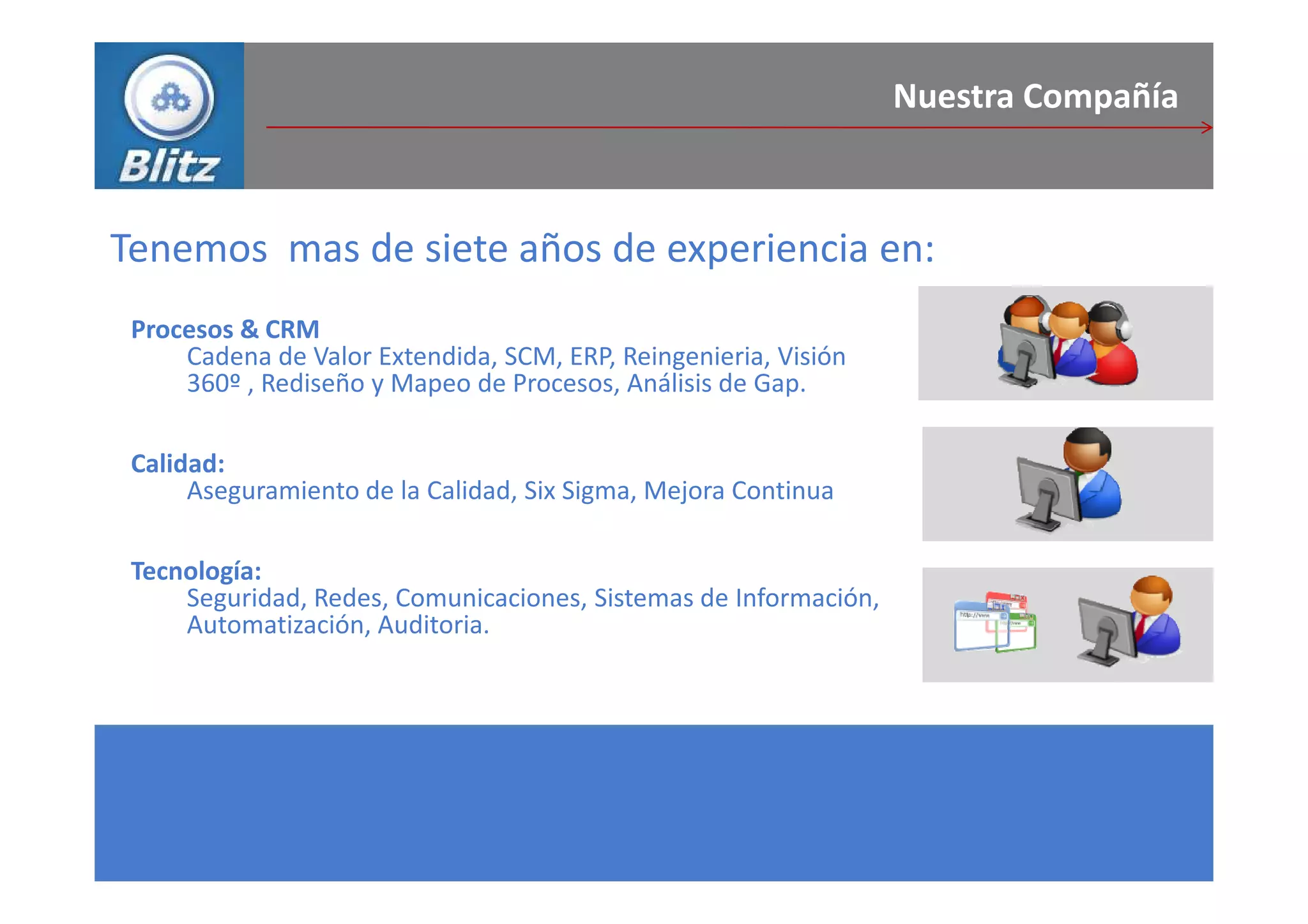 Nuestra Compañía



Tenemos mas de siete años de experiencia en:
 Procesos & CRM
     Cadena de Valor Extendida, SCM, ERP, Reingenieria, Visión
     360º , Rediseño y Mapeo de Procesos, Análisis de Gap.

 Calidad:
      Aseguramiento de la Calidad, Six Sigma, Mejora Continua

 Tecnología:
     Seguridad, Redes, Comunicaciones, Sistemas de Información,
     Automatización, Auditoria.
 