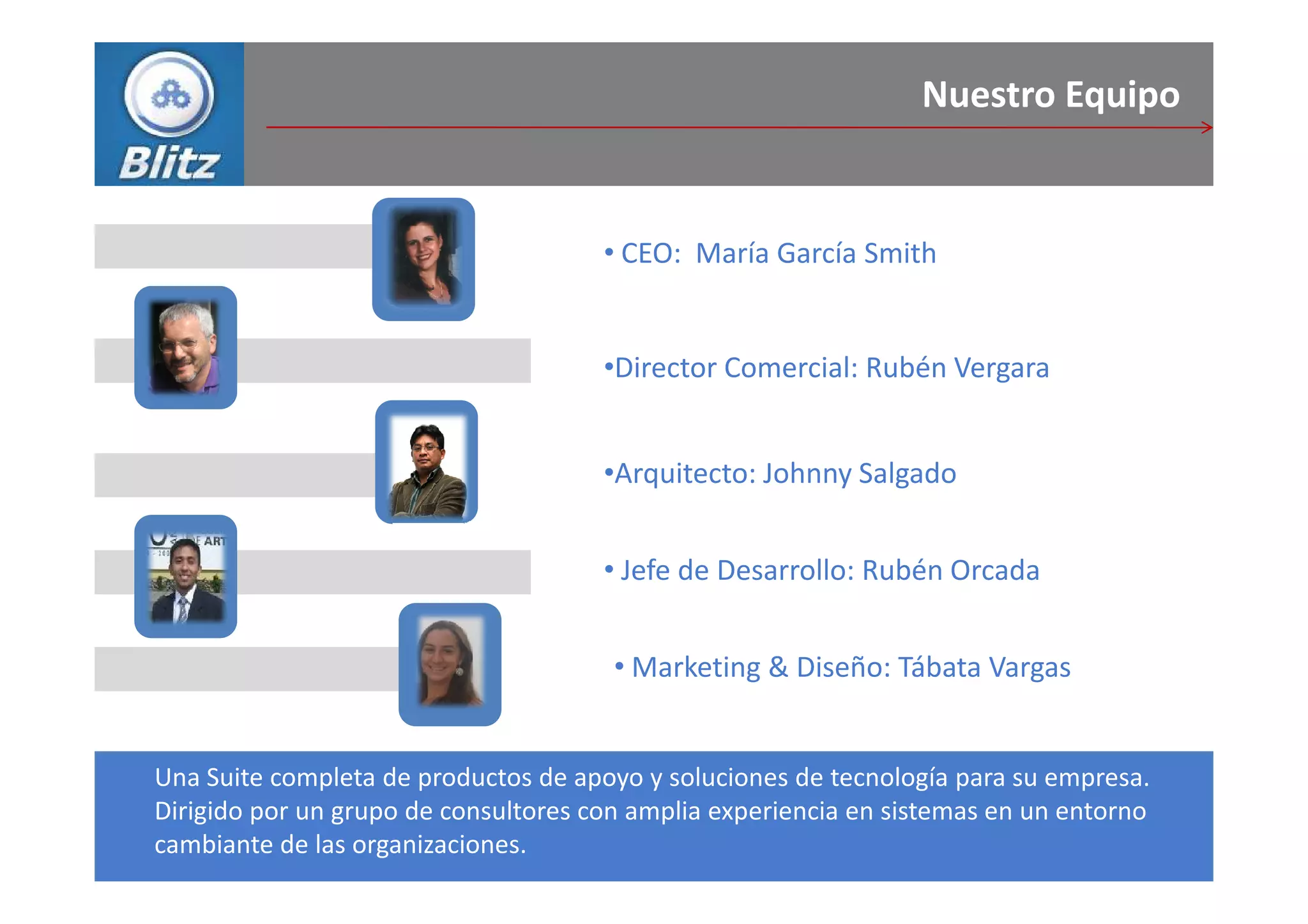 Nuestro Equipo


                                      • CEO: María García Smith


                                      •Director Comercial: Rubén Vergara


                                      •Arquitecto: Johnny Salgado


                                      • Jefe de Desarrollo: Rubén Orcada


                                       • Marketing & Diseño: Tábata Vargas


Una Suite completa de productos de apoyo y soluciones de tecnología para su empresa.
Dirigido por un grupo de consultores con amplia experiencia en sistemas en un entorno
cambiante de las organizaciones.
 