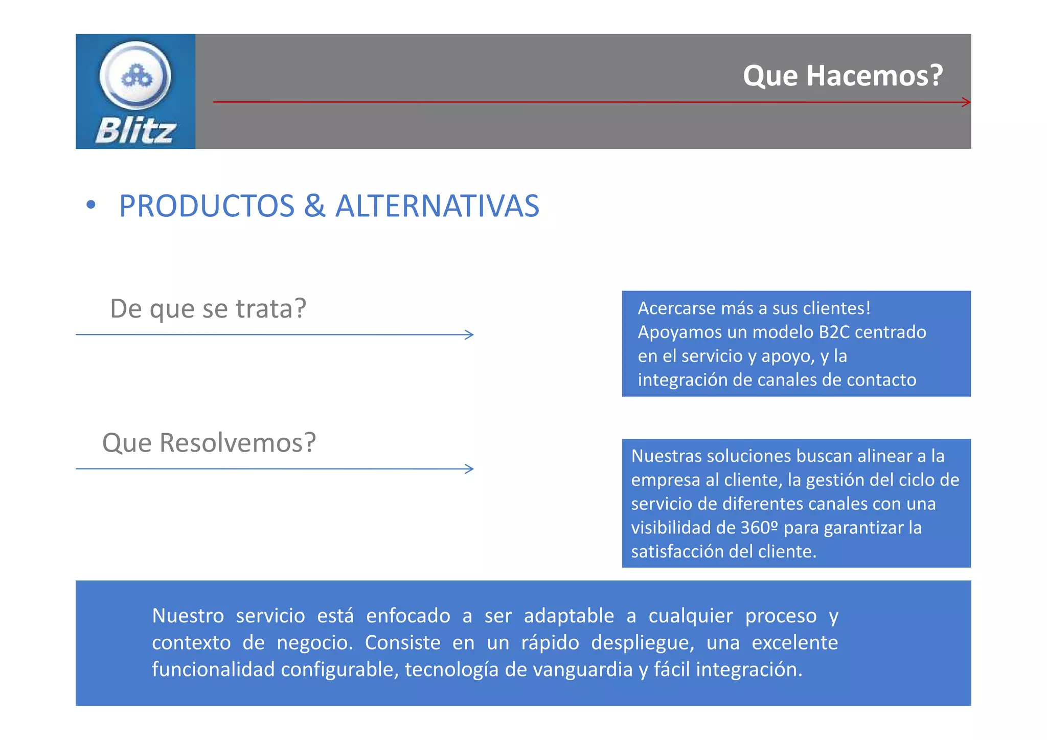 Que Hacemos?



• PRODUCTOS & ALTERNATIVAS

 De que se trata?                                      Acercarse más a sus clientes!
                                                       Apoyamos un modelo B2C centrado
                                                       en el servicio y apoyo, y la
                                                       integración de canales de contacto


Que Resolvemos?                                       Nuestras soluciones buscan alinear a la
                                                      empresa al cliente, la gestión del ciclo de
                                                      servicio de diferentes canales con una
                                                      visibilidad de 360º para garantizar la
                                                      satisfacción del cliente.


    Nuestro servicio está enfocado a ser adaptable a cualquier proceso y
    contexto de negocio. Consiste en un rápido despliegue, una excelente
    funcionalidad configurable, tecnología de vanguardia y fácil integración.
 
