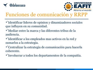 Funciones de comunicación y RRPP
Identificar lideres de opinion y dinamizadores sociales
que influyen en su comunidad.
M...