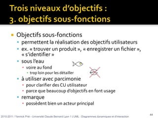 Documentation des CU (1/4)Diagramme général des cas d’utilisation2010-2011 / Yannick Prié - Université Claude Bernard Lyon 1 | UML : Diagrammes dynamiques et d'interaction 8AssociationS’identifierActeur humainActeur non humainCas d’utilisationLimite du système