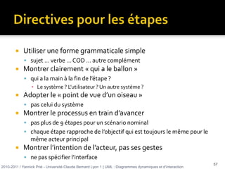 Documentation des CU (4/4)Complément de descriptionTout ce qui permet de mieux expliquer modèle du domainediagrammes de séquence systèmediagramme d’activité, de machines d’étatsdessin ou maquette d’interfacedocuments quelconques…2010-2011 / Yannick Prié - Université Claude Bernard Lyon 1 | UML : Diagrammes dynamiques et d'interaction 11