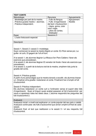 TEXT CONTE
Metodologia                                Recursos                  Agrupaments
. Modelatge per part de la mestra.         . Fulls de llengua.       Agrupament
. Pràctica guiada mestra – alumnes.        . Fulls: d’organització   flexible
. Pràctica independent.                    del text i d’autocontrol.
                                           . Llapis, goma, color
                                           verd i regla.
                                           . Llibre de contes.
                                           . Ordinador
Espai                                      Sessions 5
. L’aula d’educació especial.

Descripció


Sessió 1, Sessió 2 i sessió 3: modelatge.
Quan comencen la sessió la mestra llegirà un conte: En Pere sense por, La
guilla i el corb, El gegant de l’ull al front.

A la sessió 1, els alumnes llegiran La Mosca d’en Pere Calders i faran els
exercicis que precedeixen.
A la sessió 2, els alumnes llegiran El venedor de forats i faran els exercicis que
precedeixen.
A la sessió 3, a partir de la lectura oral de la mestra, omplirem tots junts la
graella del conte.


Sessió 4: Pràctica guiada.
A partir d’uns personatges que la mestra donarà a escollir, els alumnes tiraran
un. Ompliran el la graella i redactaran el conte. Finalment han d’omplir el full
d’autocontrol.

Sessió 5: Pràctica independent.
Els alumnes redactaran un conte curt a l’ordinador sense el suport dels fulls
d’organització. Quan el tinguin quasi acabat passaran el full d’autocontrol per
veure si apareixen totes les idees claus. L’alumne respondrà les preguntes del
full d’autocontrol 2.

Avaluació
Avaluació inicial: a nivell oral explicaran un conte popular del seu país o català.
Avaluació continuada: els fulls d’autocontrol que aniran omplint al final de cada
sessió.
Avaluació final: el text que realitzaran a la sessió 5 i el seu respectiu full
d’autocontrol.




                                           3


                                Mésrecursoseducatius.Laia Jurado i Canadell
 