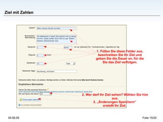 Ziel mit Zahlen




                           1. Füllen Sie diese Felder aus,
                            beschreiben Sie Ihr Ziel und
                           geben Sie die Dauer an, für die
                               Sie das Ziel verfolgen.




                  2. Wer darf Ihr Ziel sehen? Wählen Sie hier
                                       aus.
                         3. „Änderungen Speichern“
                                erstellt Ihr Ziel.


 04.06.09                                                Folie 15/20
 