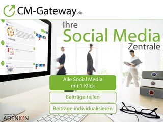 Social MediaZentrale
Ihre
powered by
.de
Alle Social Media
mit 1 Klick
Beiträge teilen
Beiträge individualisieren
 