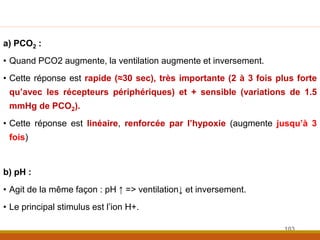 a) PCO2 :
• Quand PCO2 augmente, la ventilation augmente et inversement.
• Cette réponse est rapide (≈30 sec), très importante (2 à 3 fois plus forte
qu’avec les récepteurs périphériques) et + sensible (variations de 1.5
mmHg de PCO2).
• Cette réponse est linéaire, renforcée par l’hypoxie (augmente jusqu’à 3
fois)
b) pH :
• Agit de la même façon : pH ↑ => ventilation↓ et inversement.
• Le principal stimulus est l’ion H+.
103
 