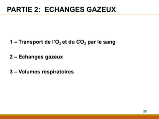 PARTIE 2: ECHANGES GAZEUX
1 – Transport de l’O2 et du CO2 par le sang
2 – Echanges gazeux
3 – Volumes respiratoires
28
 