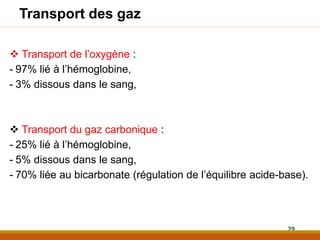Transport des gaz
 Transport de l’oxygène :
- 97% lié à l’hémoglobine,
- 3% dissous dans le sang,
 Transport du gaz carbonique :
- 25% lié à l’hémoglobine,
- 5% dissous dans le sang,
- 70% liée au bicarbonate (régulation de l’équilibre acide-base).
29
 