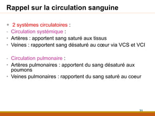 Rappel sur la circulation sanguine
 2 systèmes circulatoires :
- Circulation systémique :
• Artères : apportent sang saturé aux tissus
• Veines : rapportent sang désaturé au cœur via VCS et VCI
- Circulation pulmonaire :
• Artères pulmonaires : apportent du sang désaturé aux
poumons
• Veines pulmonaires : rapportent du sang saturé au coeur
31
 