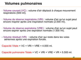 Volumes pulmonaires
- Volume courant (VC) : volume d'air déplacé à chaque mouvement
respiratoire (500 ml).
- Volume de réserve inspiratoire (VRI) : volume d'air qu'un sujet peut
encore inspirer après une inspiration normale (2.000 ml).
- Volume de réserve expiratoire (VRE) : volume d'air qu'un sujet peut
encore expirer après une expiration normale (1.500 ml).
- Volume résiduel (VR) : volume d'air qui reste dans les voies
aériennes après une expiration forcée.
Capacité Vitale = VC + VRI + VRE = 4.000 ml.
Capacité pulmonaire Totale = VC + VRI + VRE + VR = 5.500 ml.
40
 