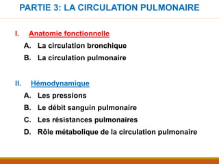 PARTIE 3: LA CIRCULATION PULMONAIRE
I. Anatomie fonctionnelle
A. La circulation bronchique
B. La circulation pulmonaire
II. Hémodynamique
A. Les pressions
B. Le débit sanguin pulmonaire
C. Les résistances pulmonaires
D. Rôle métabolique de la circulation pulmonaire
 