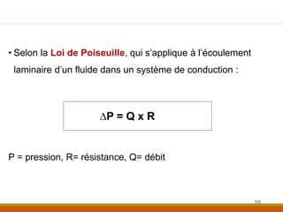 • Selon la Loi de Poiseuille, qui s’applique à l’écoulement
laminaire d’un fluide dans un système de conduction :
∆P = Q x R
P = pression, R= résistance, Q= débit
58
 