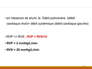 • en l’absence de shunt, le Débit pulmonaire (débit
cardiaque droit)= débit systémique (débit cardiaque gauche)
• RVP << RVS ; RVP = RVS/10
• RVP = 2 mmHg/L/min
• RVS = 20 mmHg/L/min
61
 