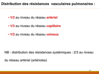 • 1/3 au niveau du réseau artériel
• 1/3 au niveau du réseau capillaire
• 1/3 au niveau du réseau veineux
NB : distribution des résistances systémiques : 2/3 au niveau
du réseau artériel (artérioles)
62
Distribution des résistances vasculaires pulmonaires :
 