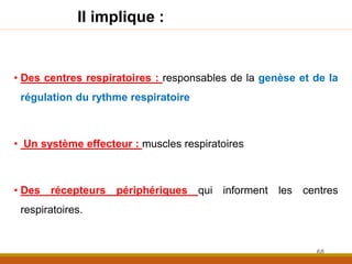 • Des centres respiratoires : responsables de la genèse et de la
régulation du rythme respiratoire
• Un système effecteur : muscles respiratoires
• Des récepteurs périphériques qui informent les centres
respiratoires.
68
Il implique :
 