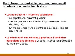 Hypothèse : le centre de l’automatisme serait
au niveau du centre inspiratoire
• Les neurones α = neurones pacemaker :
• se dépolarisant automatiquement
• déchargent vers les muscles inspiratoires (en 1er le
diaphragme)
• En même temps vers le centre expiratoire et vers les
neurones β
• La stimulation des cellules β provoque l’inhibition
périodique des cellules α et donc l’interruption périodique
du rythme de base.
84
 