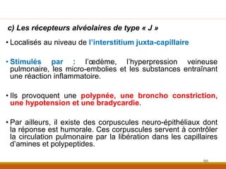 c) Les récepteurs alvéolaires de type « J »
• Localisés au niveau de l’interstitium juxta-capillaire
• Stimulés par : l’œdème, l’hyperpression veineuse
pulmonaire, les micro-embolies et les substances entraînant
une réaction inflammatoire.
• Ils provoquent une polypnée, une broncho constriction,
une hypotension et une bradycardie.
• Par ailleurs, il existe des corpuscules neuro-épithéliaux dont
la réponse est humorale. Ces corpuscules servent à contrôler
la circulation pulmonaire par la libération dans les capillaires
d’amines et polypeptides.
90
 