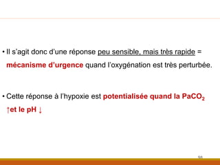 • Il s’agit donc d’une réponse peu sensible, mais très rapide =
mécanisme d’urgence quand l’oxygénation est très perturbée.
• Cette réponse à l’hypoxie est potentialisée quand la PaCO2
↑et le pH ↓
98
 