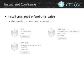 Install and Configure
●
Install cmis_read or/and cmis_write
●
depends on cmis and connector
 