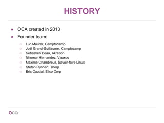 HISTORY
● OCA created in 2013
● Founder team:
○ Luc Maurer, Camptocamp
○ Joël Grand-Guillaume, Camptocamp
○ Sébastien Beau...