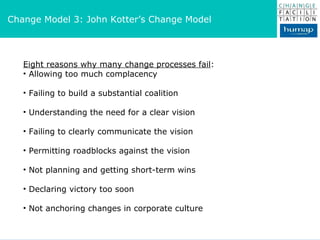 :: Change Needs Engagement :: Change Model 3: John Kotter’s Change Model Eight reasons why many change processes fail : Allowing too much complacency Failing to build a substantial coalition Understanding the need for a clear vision Failing to clearly communicate the vision Permitting roadblocks against the vision Not planning and getting short-term wins Declaring victory too soon Not anchoring changes in corporate culture 