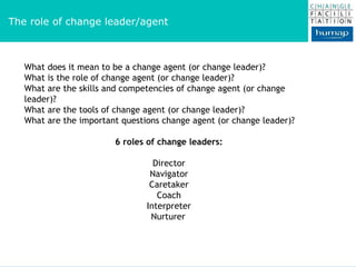 What does it mean to be a change agent (or change leader)? What is the role of change agent (or change leader)? What are the skills and competencies of change agent (or change leader)? What are the tools of change agent (or change leader)? What are the important questions change agent (or change leader)? 6 roles of change leaders: Director Navigator Caretaker Coach Interpreter Nurturer The role of change leader/agent 