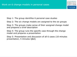 Work on 6 change models in personal cases Step 1: The group identifies 6 personal case studies  Step 2: The six change models are assigned to the six groups Step 3: The groups make sense of their assigned change model and prepares a brief description Step 4: The group runs the specific case through the change model and prepares a presentation Step 5: Presentation and discussion of all 6 cases (10 minutes presentation, 5 minutes Q&A) 
