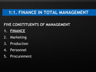 Page  5
1:1. FINANCE IN TOTAL MANAGEMENT
FIVE CONSTITUENTS OF MANAGEMENT
1. FINANCE
2. Marketing
3. Production
4. Personnel
5. Procurement
 