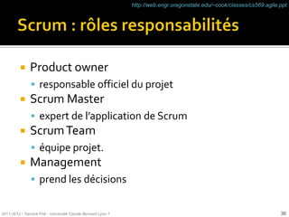 http://web.engr.oregonstate.edu/~cook/classes/cs569.agile.ppt




              Product owner
                responsable officiel du projet
              Scrum Master
                expert de l’application de Scrum
              Scrum Team
                équipe projet.
              Management
                prend les décisions


2011-2012 / Yannick Prié - Université Claude Bernard Lyon 1                                                             36
 