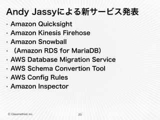 Ⓒ Classmethod, Inc.
Andy Jassyによる新サービス発表
• Amazon Quicksight
• Amazon Kinesis Firehose
• Amazon Snowball
• （Amazon RDS for MariaDB）
• AWS Database Migration Service
• AWS Schema Convertion Tool
• AWS Conﬁg Rules
• Amazon Inspector
20
 