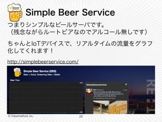 Ⓒ Classmethod, Inc.
Simple Beer Service
つまりシンプルなビールサーバです。 
（残念ながらルートビアなのでアルコール無しです）
ちゃんとIoTデバイスで、リアルタイムの流量をグラフ
化してくれます！
http://simplebeerservice.com/
29
 
