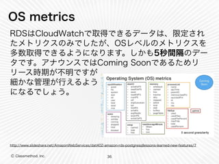 Ⓒ Classmethod, Inc.
OS metrics
RDSはCloudWatchで取得できるデータは、限定され
たメトリクスのみでしたが、OSレベルのメトリクスを
多数取得できるようになります。しかも5秒間隔のデー
タです。アナウンスではComing Soonであるためリ
リース時期が不明ですが 
細かな管理が行えるよう 
になるでしょう。
 
http://www.slideshare.net/AmazonWebServices/dat402-amazon-rds-postgresqllessons-learned-new-features/7
36
 