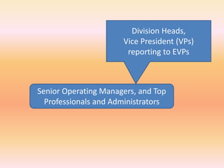 Senior Operating Managers, and Top
Professionals and Administrators
Division Heads,
Vice President (VPs)
reporting to EVPs
 