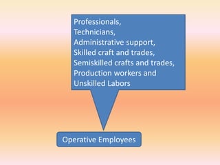 Operative Employees
Professionals,
Technicians,
Administrative support,
Skilled craft and trades,
Semiskilled crafts and trades,
Production workers and
Unskilled Labors
 