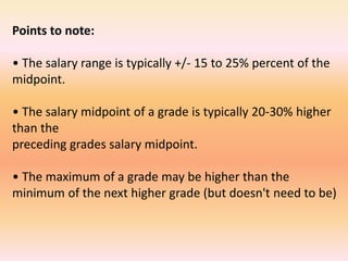 Points to note:
• The salary range is typically +/- 15 to 25% percent of the
midpoint.
• The salary midpoint of a grade is typically 20-30% higher
than the
preceding grades salary midpoint.
• The maximum of a grade may be higher than the
minimum of the next higher grade (but doesn't need to be)
 