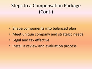 Steps to a Compensation Package
(Cont.)
• Shape components into balanced plan
• Meet unique company and strategic needs
• Legal and tax effective
• Install a review and evaluation process
 