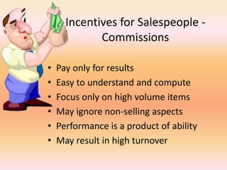 Incentives for Salespeople -
Commissions
• Pay only for results
• Easy to understand and compute
• Focus only on high volume items
• May ignore non-selling aspects
• Performance is a product of ability
• May result in high turnover
 