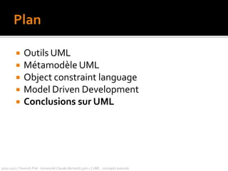 2010-2011 / Yannick Prié - Université Claude Bernard Lyon 1 | UML : concepts avancésCREATE TABLE eleve (	eleve_id NUMBER (5) ,	annee DATE,	PRIMARY KEY (eleve_id)) ;CREATE TABLE cours (	eleve_id NUMBER (5)  REFERENCES eleve(eleve_id) ,      cours_id NUMBER (5) ,	titre CHAR (128) ,	module CHAR(48) ,	PRIMARY KEY (cours_id)) ;Remarque : traduction en relationnelelevecours1assiste0..*annee : date-titre : string-module : string#elevescours