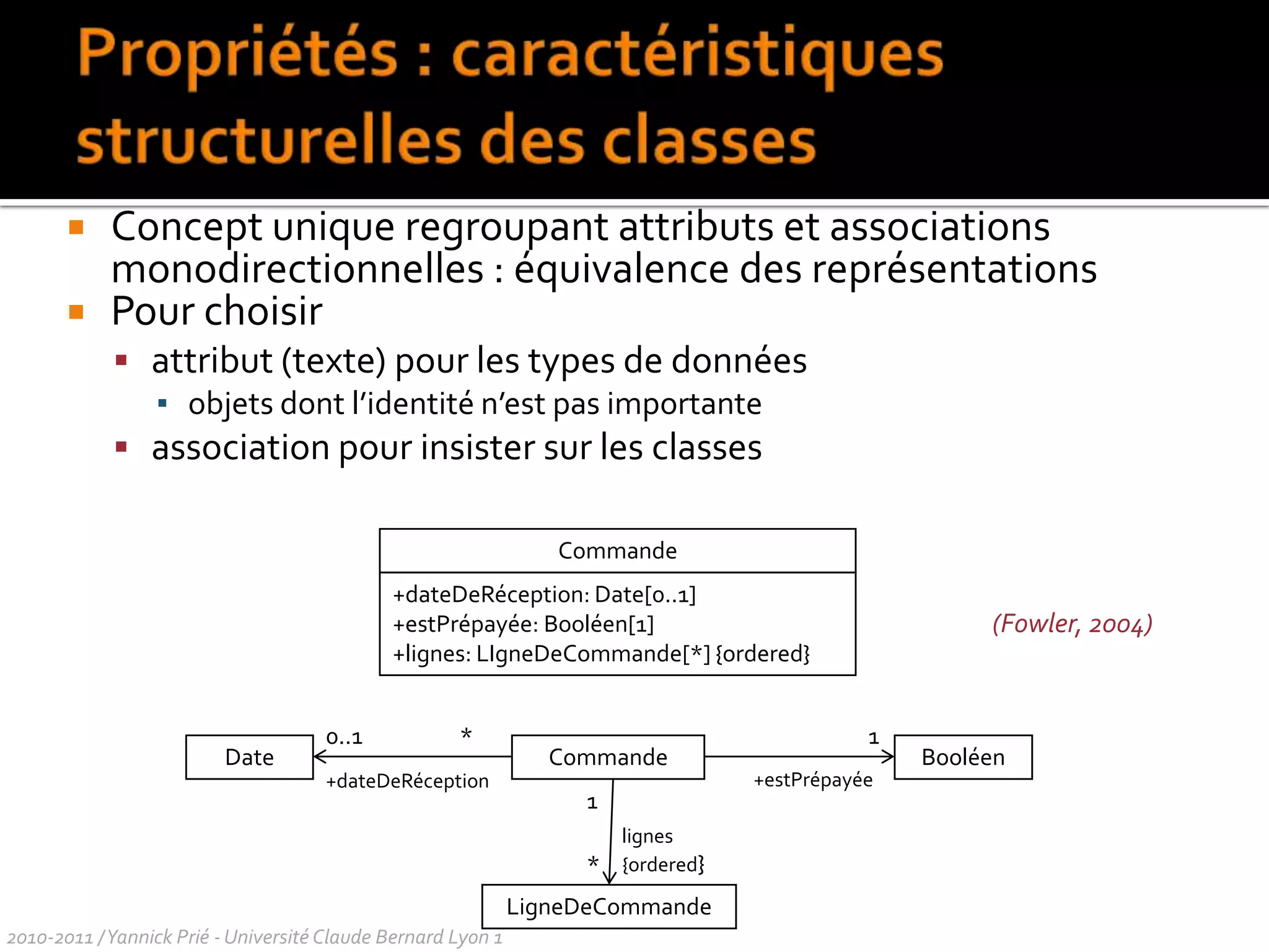 AttributsVisibilité nom : type [multiplicité ] = valeur_initiale {propriétés}Facultatif public +privé -protégé #paquetage~Facultatifex. couleurs : Saturation [3]points : Points [2..*]Facultatifmais impératif pourl’implémentationFacultatifex. {frozen} mise à jour interdite{obligatoire} valuation oblig.Remarques