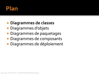 PlanDiagrammes de classesDiagrammes d’objetsDiagrammes de paquetagesDiagrammes de composantsDiagrammes de déploiement2010-2011 / Yannick Prié - Université Claude Bernard Lyon 1 