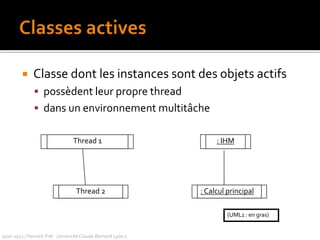 « Visuel »Fenêtre{ abstract,auteur = yp,statut = testé }+forme : zone = [100,100]#visibilité : booléen = faux+forme_défaut : rectangle-xptr : Xwindow« Visuel »  Fenêtre+afficher()+masquer()+créer-attachXWindow(xwin : Xwindow)forme : zonevisibilité : booléenafficher()masquer()Autres exemples de classes « enumeration »CouleurrougeblancbleuContrôleur d’entrée-- gère les événements en entréeResponsabilitéss’afficherse masquer FenêtreResponsabilités de la classe2010-2011 / Yannick Prié - Université Claude Bernard Lyon 1 