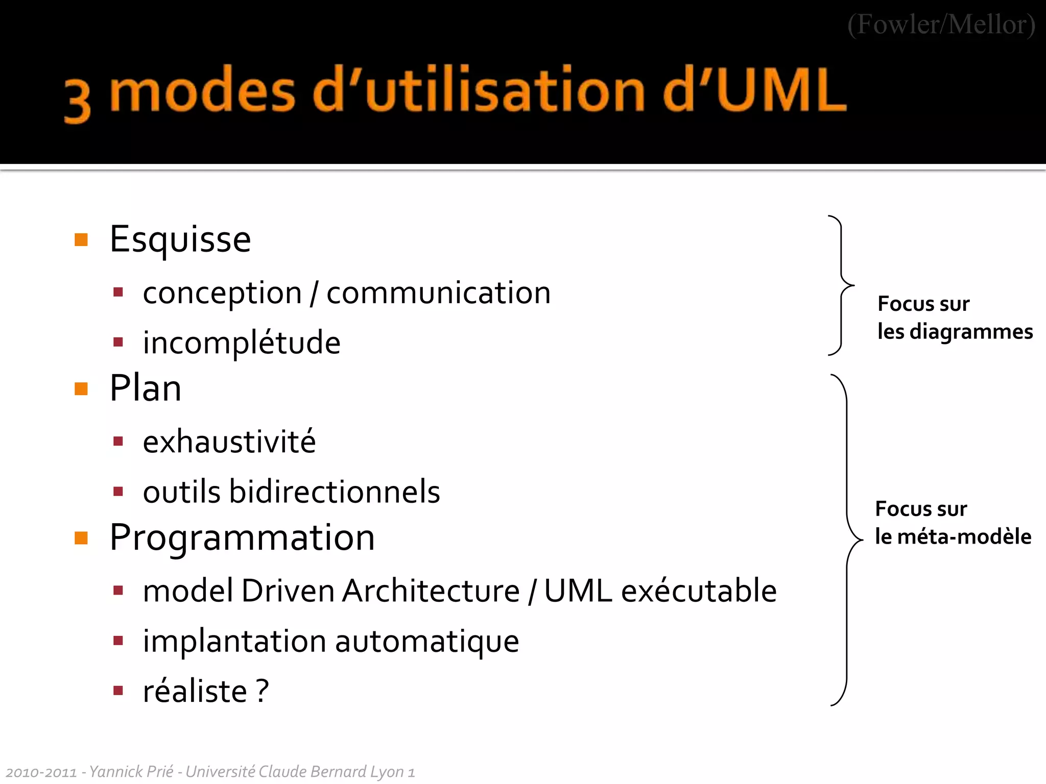 Eléments de modélisation, de visualisation et sémantiqueEléments  de visualisation utilisés dans les diagrammes visuelsEléments de modélisation forment le modèle lui-mêmeSyntaxe de UML : comment composer les éléments de modélisation dans les diagrammesSémantique de UMLce qu’ils signifient en termes objets une classe peut avoir des instancesune instance a des attributs une instance peut être valeur d’attributetc.2010-2011 - Yannick Prié - Université Claude Bernard Lyon 1  