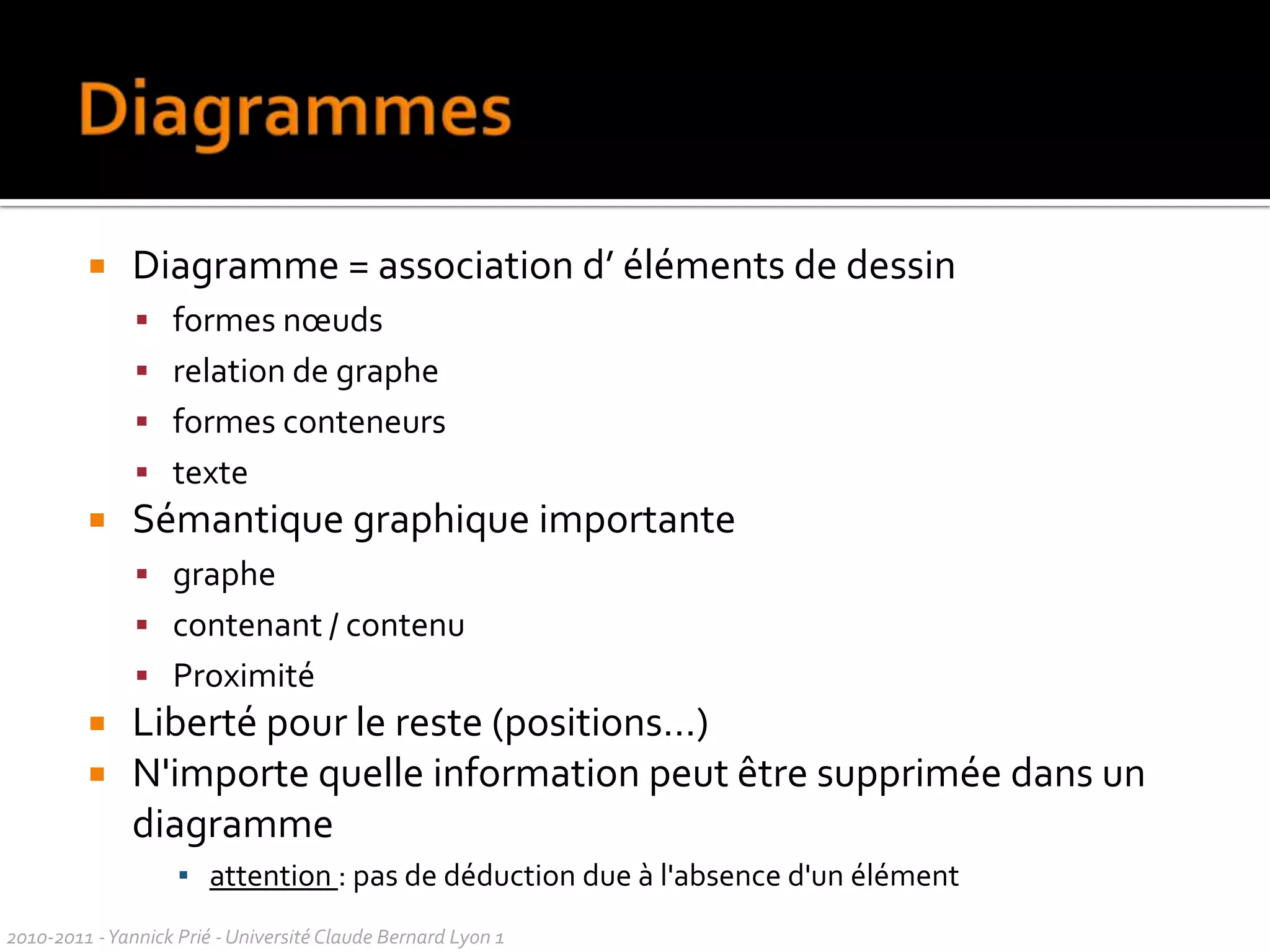StéréotypesPermet d’étendre le vocabulaire UML en dérivant des nouveaux éléments à partir d’éléments existantspar ajout de valeur étiquetées (nom=valeur)Notation : « stéréotype »Certains sont prédéfinis par UMLEg. « constructor » « getter » « entity » « boundary » « control »Possibilité d’associer une icône forme visuelle déterminéeex. : pour « control » 2010-2011 - Yannick Prié - Université Claude Bernard Lyon 1  
