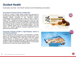 Guided Health
Encourage your brand to become a healthy habit
22 Days is a brand of vegan protein nutrition bars that claim to
provide optimal nutrition to help consumers live a healthier and more
energetic lifestyle. According to the company's website:
"Psychologists have discovered that it takes 21 days to make or
break a habit." It applied this principal to its brand, hence the name
"22 Days," and created the "22 Days Challenge" to consume a bar
daily until the 22nd day is reached, by which time a daily habit should
have formed that the consumer will hopefully continue. The bars
come in different flavors such as Nut Butter Buddha, each with
organic, raw, "natural" ingredients, including "superfoods" such as
goji berries and hemp seeds.
Incorporate functional benefits in high-indulgence snacks to
overcome the guilt factor
Ohso chocolate bars offer consumers a new alternative to probiotic
yogurts. The dairy-free chocolates have been clinically proven1 to be
three times more effective than "most dairy drinks that contain
'friendly bacteria' at delivering good bacteria to your intestine."
Available in seven-bar weekly packs, each 13.5g individual Ohso bar
contains a "billion Lactobacillus and Bifidobacterium" to help restore
bacteria flora in the gut and improve digestive health.
Examples we like: "on-trend" product and marketing innovation
Source: 22daynutrition.com; [1] FDIN, December 20115
 