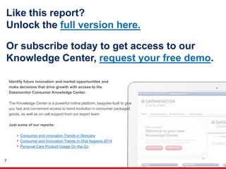 Like this report?
Unlock the full version here.
Or subscribe today to get access to our
Knowledge Center, request your free demo.
Identify future innovation and market opportunities and
make decisions that drive growth with access to the
Datamonitor Consumer Knowledge Center.
The Knowledge Center is a powerful online platform, bespoke-built to give
you fast and convenient access to trend evolution in consumer packaged
goods, as well as on-call support from our expert team.
Just some of our reports:
Consumer and innovation Trends in Skincare
Consumer and Innovation Trends in Oral Hygiene 2014
Personal Care Product Usage On the Go
7
 
