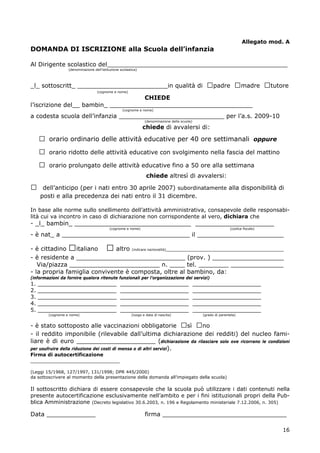16
Allegato mod. A
DOMANDA DI ISCRIZIONE alla Scuola dell’infanzia
Al Dirigente scolastico del________________________________________________
(denominazione dell’istituzione scolastica)
_l_ sottoscritt_ ________________________in qualità di □padre □madre □tutore
(cognome e nome)
CHIEDE
l’iscrizione del__ bambin_ ______________________________________
(cognome e nome)
a codesta scuola dell’infanzia ____________________________ per l’a.s. 2009-10
(denominazione della scuola)
chiede di avvalersi di:
□ orario ordinario delle attività educative per 40 ore settimanali oppure
□ orario ridotto delle attività educative con svolgimento nella fascia del mattino
□ orario prolungato delle attività educative fino a 50 ore alla settimana
chiede altresì di avvalersi:
□ dell’anticipo (per i nati entro 30 aprile 2007) subordinatamente alla disponibilità di
posti e alla precedenza dei nati entro il 31 dicembre.
In base alle norme sullo snellimento dell’attività amministrativa, consapevole delle responsabi-
lità cui va incontro in caso di dichiarazione non corrispondente al vero, dichiara che
- _l_ bambin_ _______________________________ _____________________
(cognome e nome) (codice fiscale)
- è nat_ a __________________________________ il _______________________
- è cittadino □italiano □ altro (indicare nazionalità)___________________________________________
- è residente a _____________________________ (prov. ) ___________________
Via/piazza ________________________ n. ____ tel. ________ ______________
- la propria famiglia convivente è composta, oltre al bambino, da:
(informazioni da fornire qualora ritenute funzionali per l’organizzazione dei servizi)
1. _______________________ ____________________ ____________________
2. _______________________ ____________________ ____________________
3. _______________________ ____________________ ____________________
4. _______________________ ____________________ ____________________
5. _______________________ ____________________ ____________________
(cognome e nome) (luogo e data di nascita) (grado di parentela)
- è stato sottoposto alle vaccinazioni obbligatorie □sì □no
- il reddito imponibile (rilevabile dall’ultima dichiarazione dei redditi) del nucleo fami-
liare è di euro _____________________ (dichiarazione da rilasciare solo ove ricorrano le condizioni
per usufruire della riduzione dei costi di mensa o di altri servizi).
Firma di autocertificazione
_____________________________
(Leggi 15/1968, 127/1997, 131/1998; DPR 445/2000)
da sottoscrivere al momento della presentazione della domanda all’impiegato della scuola)
Il sottoscritto dichiara di essere consapevole che la scuola può utilizzare i dati contenuti nella
presente autocertificazione esclusivamente nell’ambito e per i fini istituzionali propri della Pub-
blica Amministrazione (Decreto legislativo 30.6.2003, n. 196 e Regolamento ministeriale 7.12.2006, n. 305)
Data _____________ firma _________________________________
 